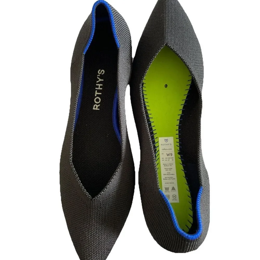 Rothy's Black Pointed Toe Flats with Blue Trim